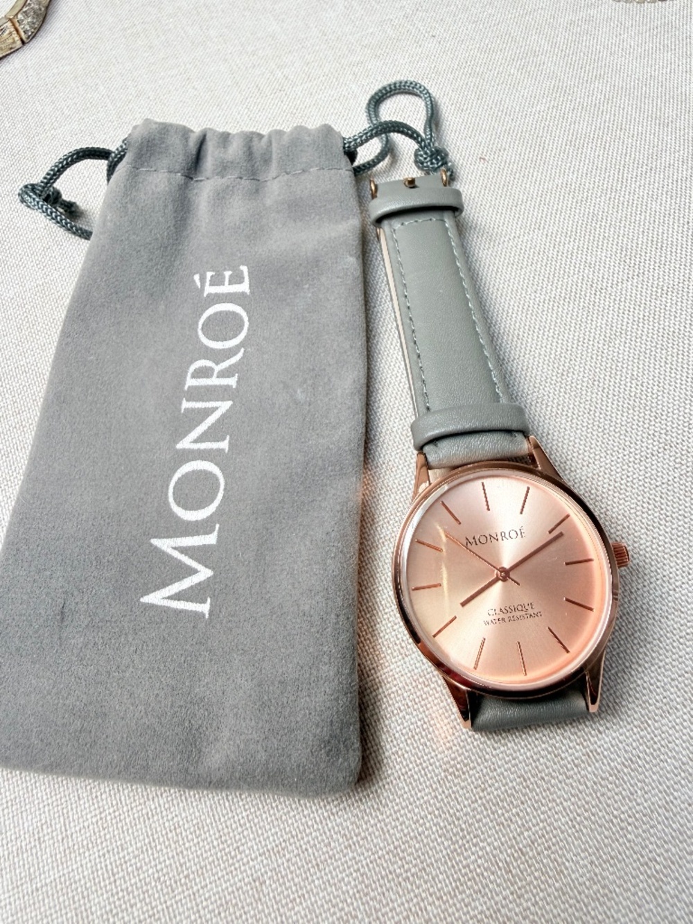 Ladies Monroe by Maestro Rose Gold Tone Gray Genuine Leather Watch New